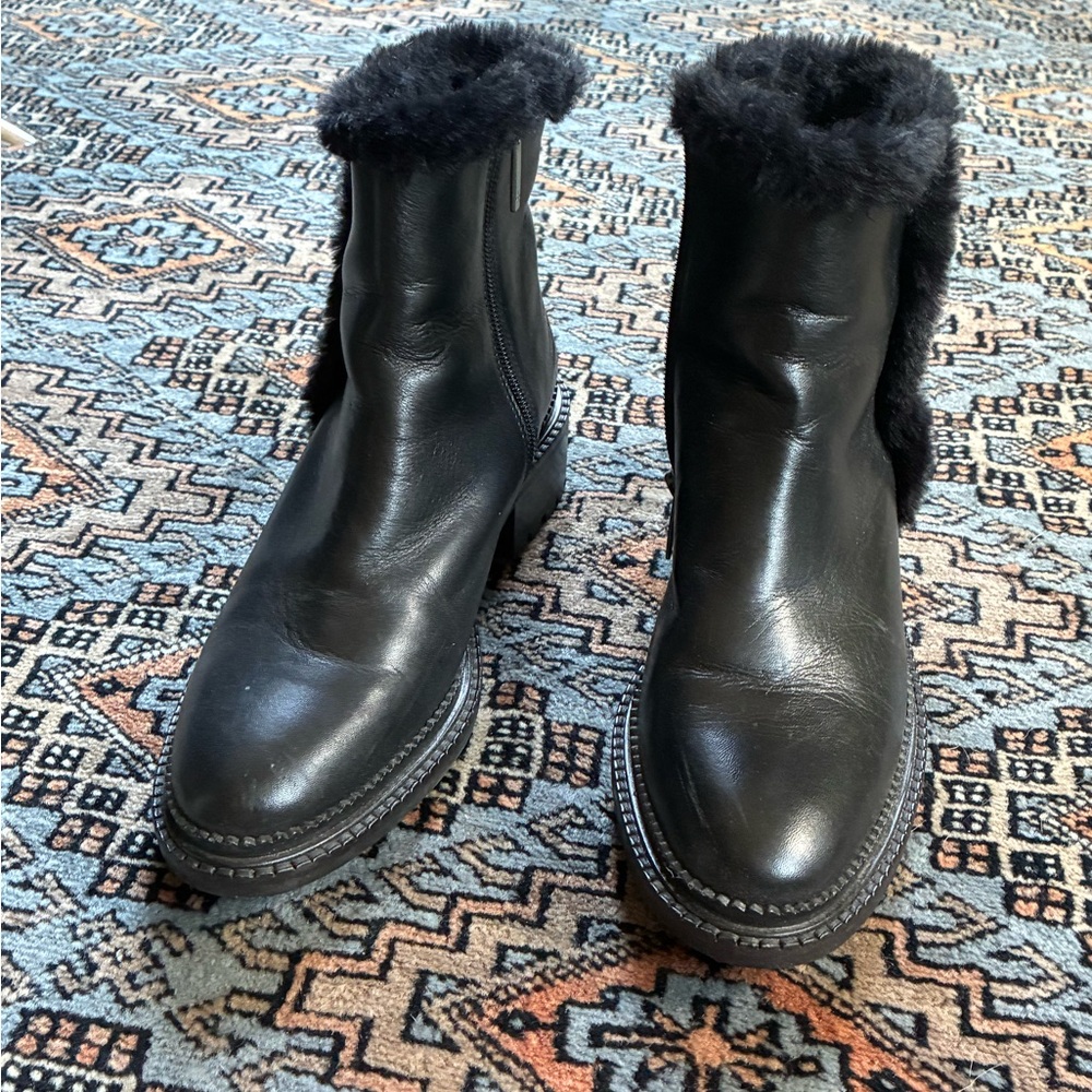 Aquatalia Black Leather Fur-Trimmed Weatherproof Boots